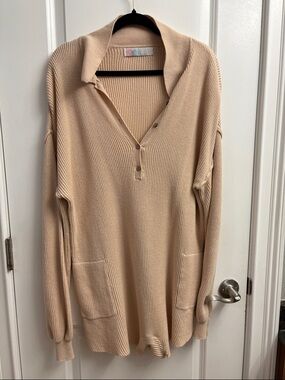 Free People Beige Ribbed Collared Tunic Sweater Romper (L)